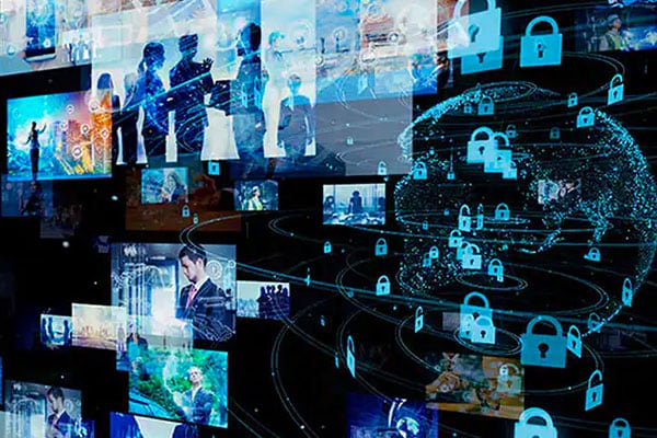 Video management software implementation depicted by a graphic of globe and locks overlaid on multiple screens