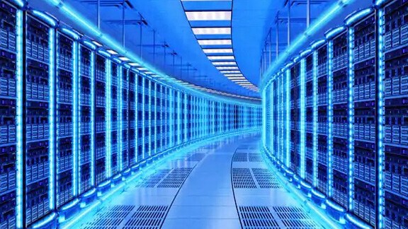 View of server room in hallway with racks