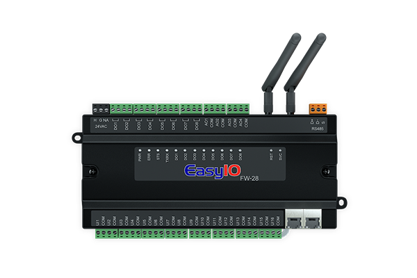 An Industrial electronic module labeled EasyIO, featuring multiple connection ports and two antennas