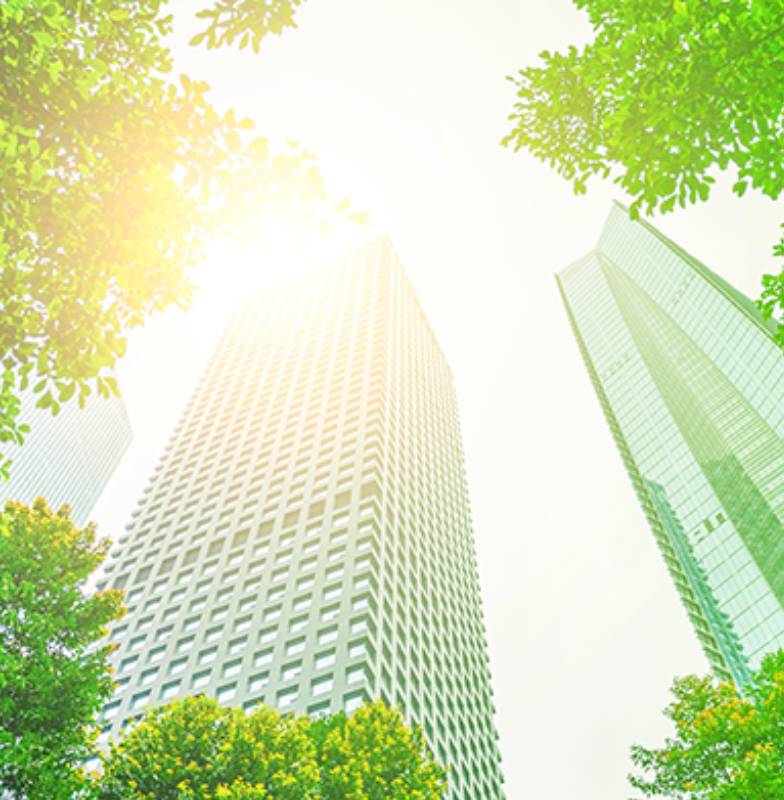 Looking up view of tall buildings with trees and sun shining through them.