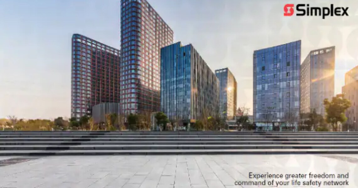 Modern corporate office buildings with the Simplex logo