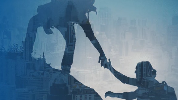 A mountaineer helping another mountaineer to climb with an overlaid cityscape