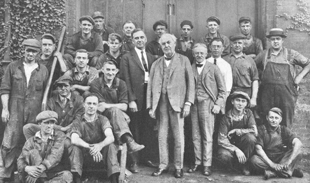 Thomas Edison with the Grinnell fitters who installed the sprinklers.