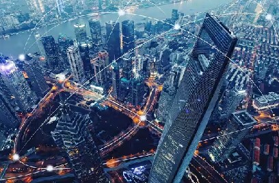 Ariel view of a city with graphics depicting interconnectivity