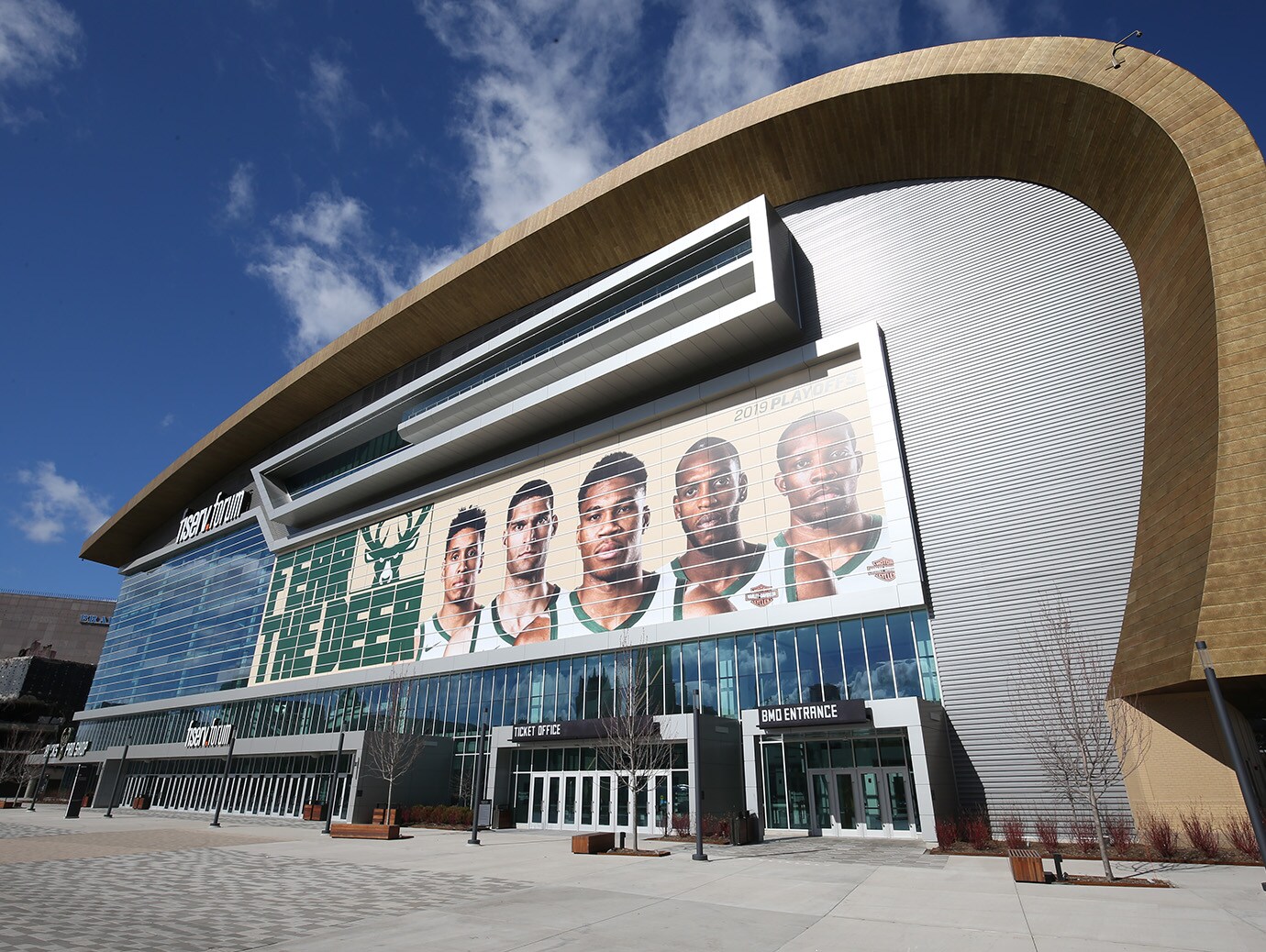 Exterior of the Fiserv Forum building at Milwaukee