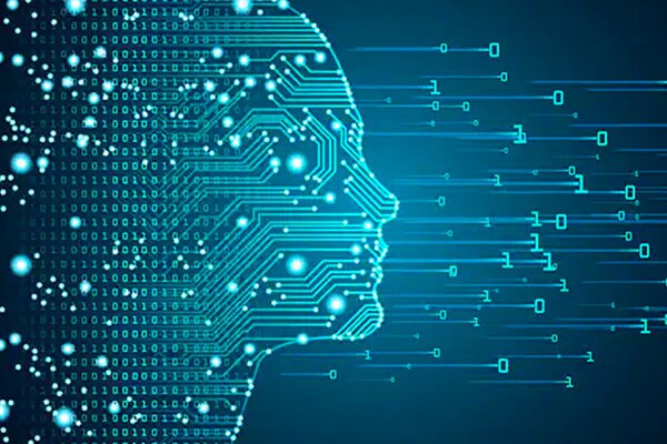 Abstract digital human face with optic fibres and binary digits