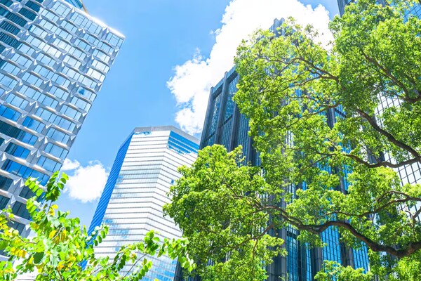 Low angle shot of a group of buildings surrounded by trees