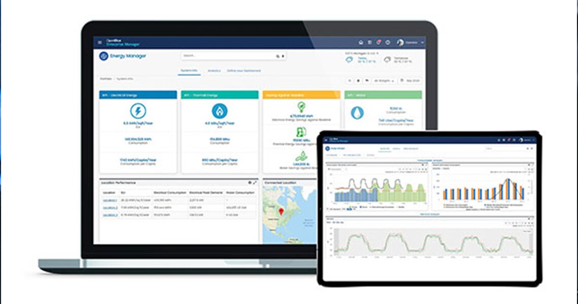A laptop screen and a tablet screen displaying the OpenBlue Performance Advisor application