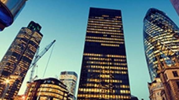 Frog's eye view of London's business district at dusk