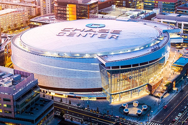 Aerial view of the Chase Center building in San Francisco